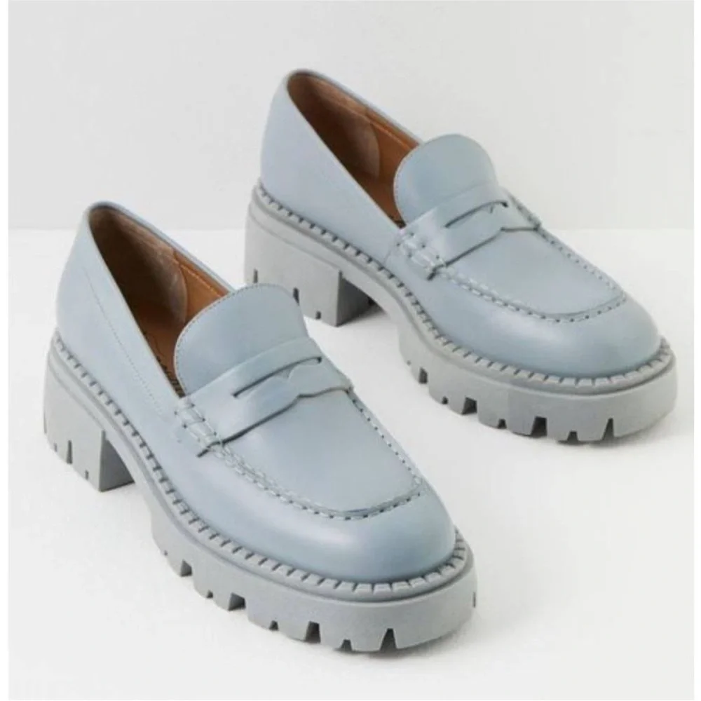 Free People Lyra Loafers Platform Blue Boardwalk Leather Lug Sole